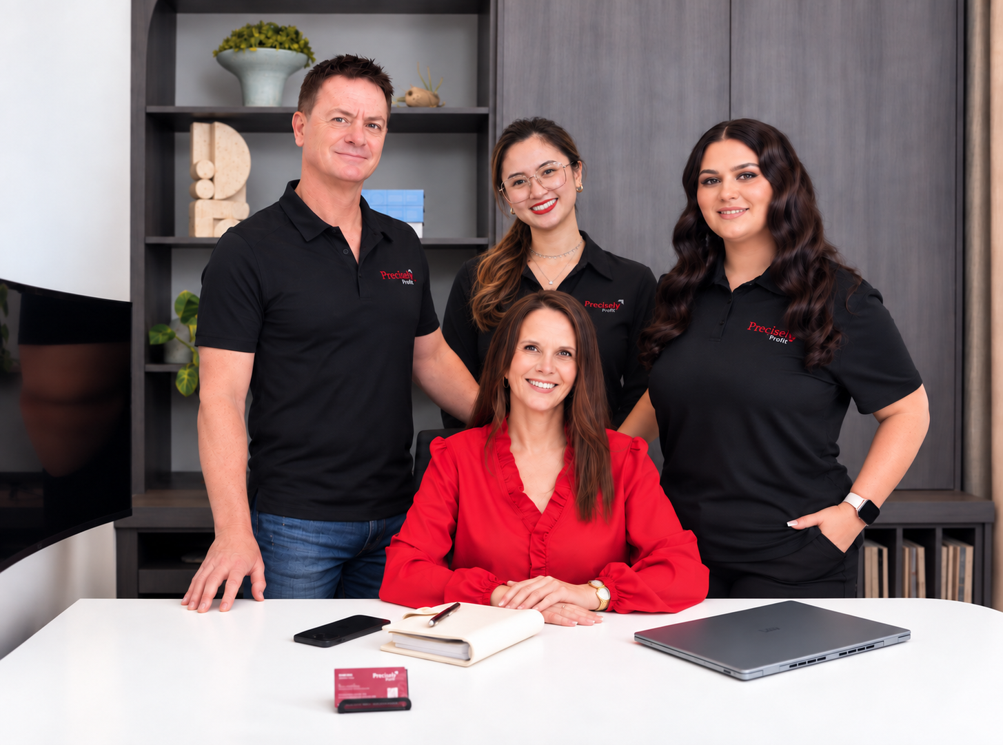 David, Lynda Hall, Shayla and Riffi of Precisely Profit at the office desk