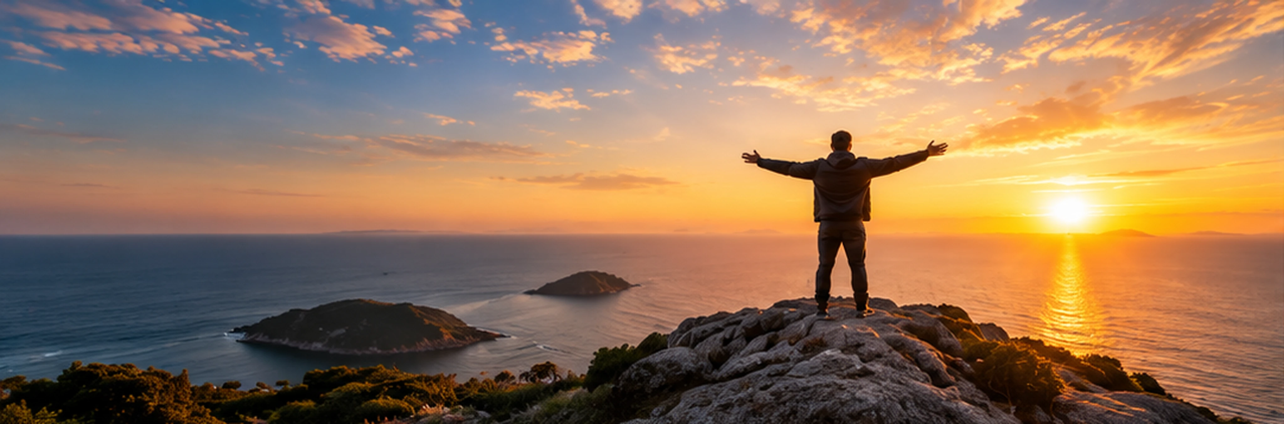 Person standing with arms open on a clifftop above the ocean at sunrise