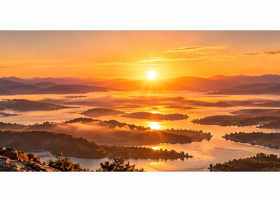 Sunrise over a mountain lake dotted with islands, seen from a rocky ridge